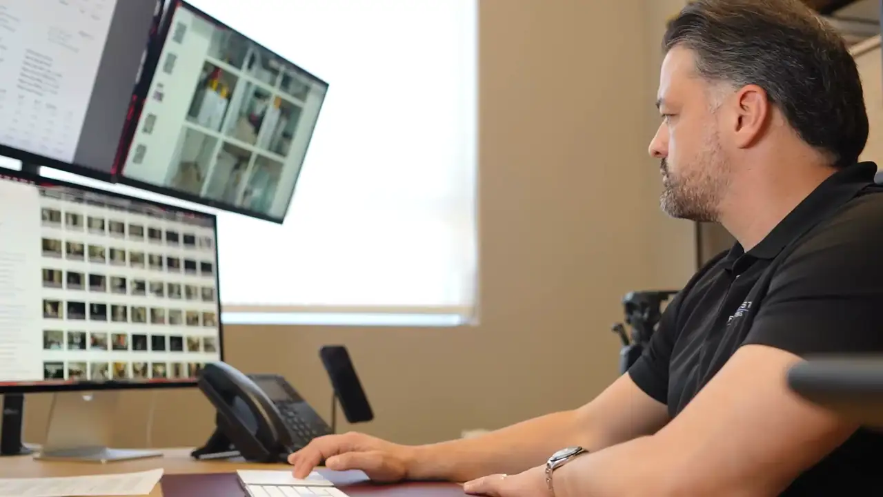 Foremost public adjuster reviewing claim photos and documentation on dual monitors at a desk