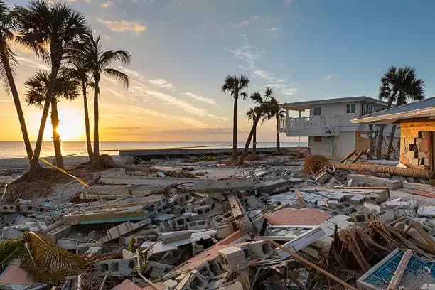 Destroyed waterfront houses on the Florida coast after Hurricane Milton
