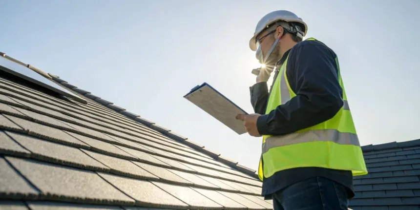Licensed adjuster in a hard hat and hi-vis vest documenting shingle roof damage on a clipboard for an insurance claim