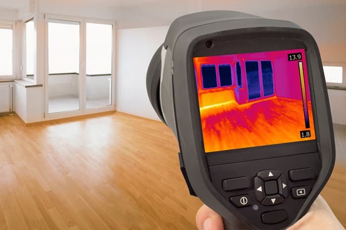 Thermal imaging camera revealing hidden moisture intrusion behind walls and flooring during a claim inspection