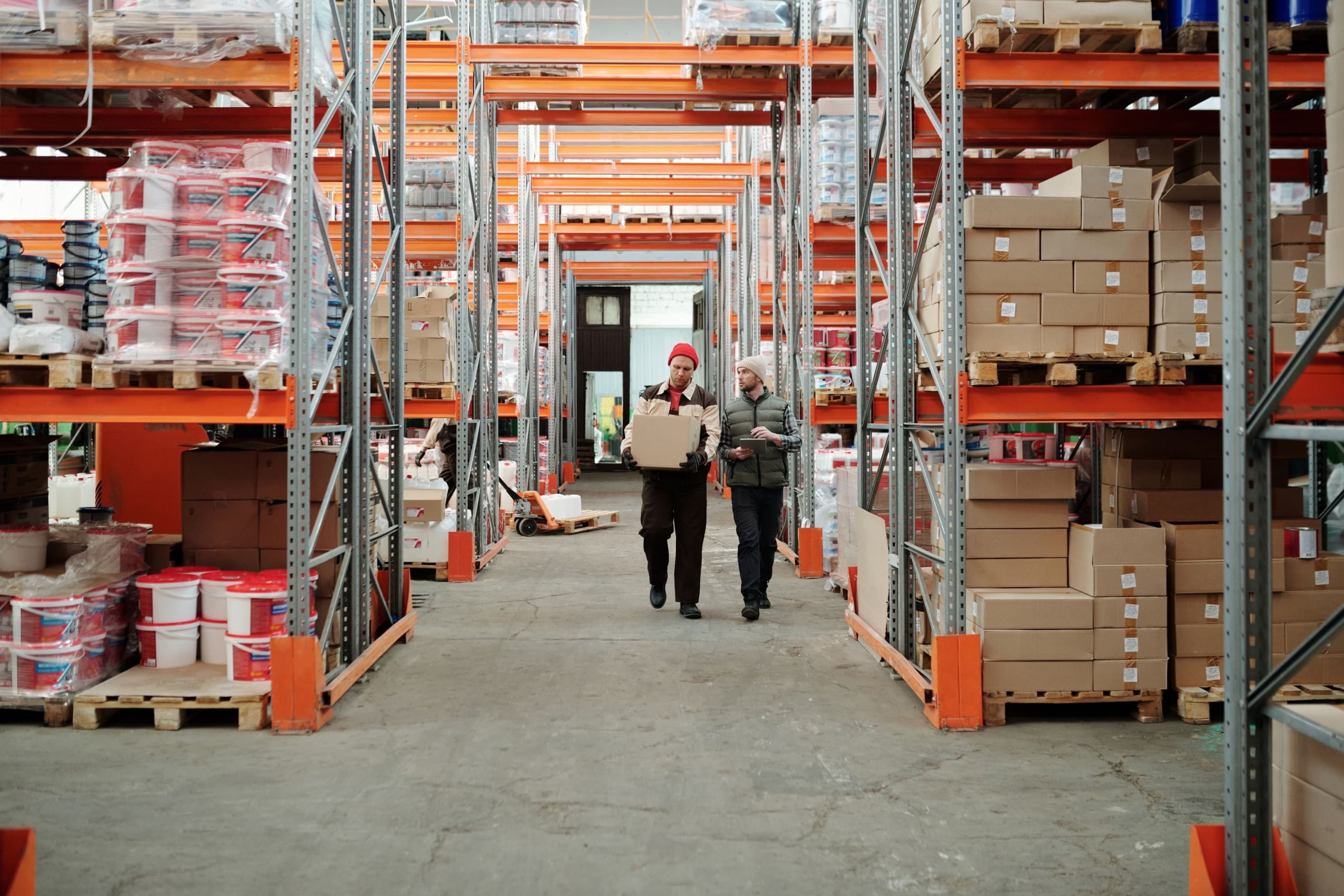 Warehouse interior with high-bay racking and stored inventory